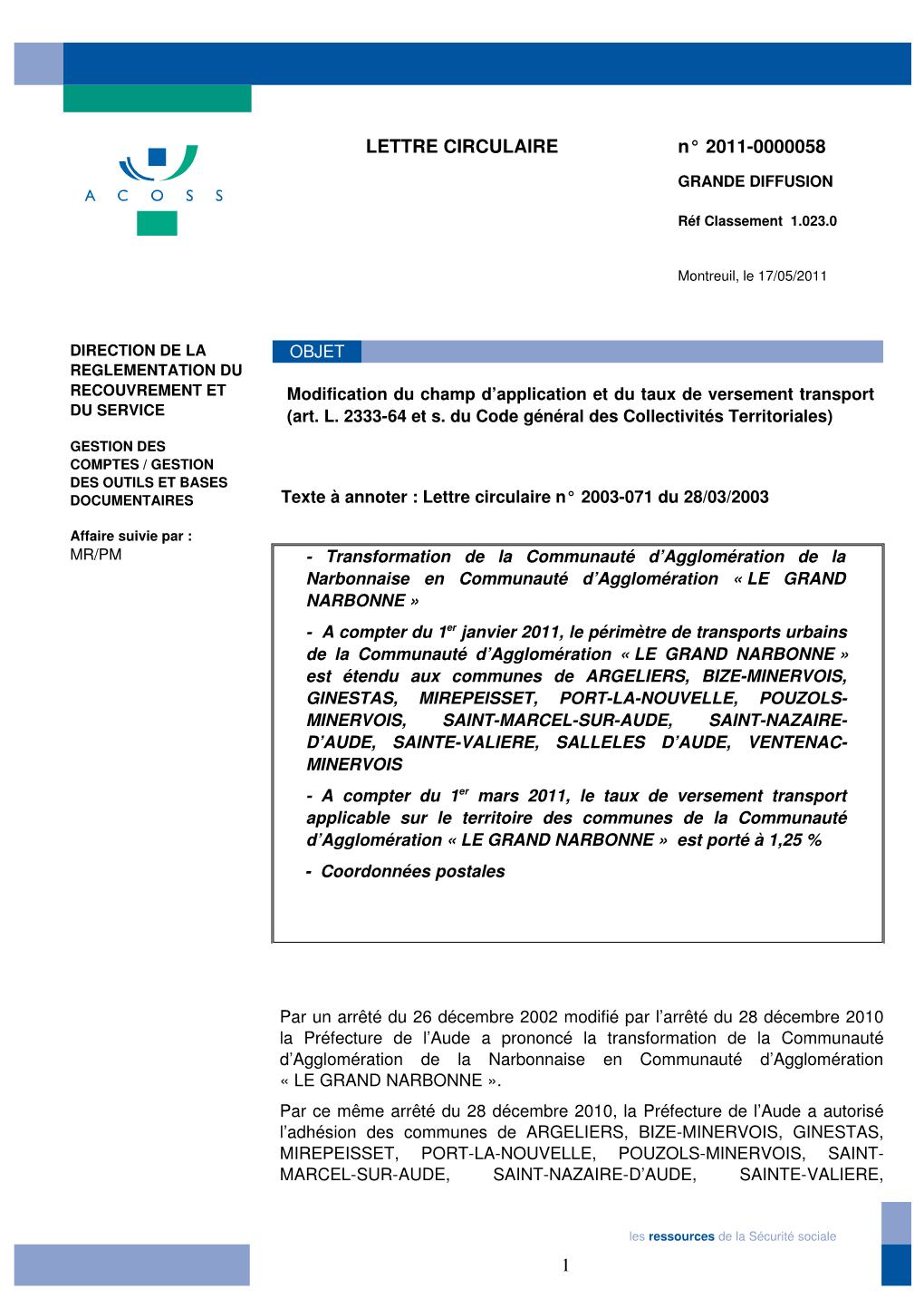 LETTRE CIRCULAIRE N° 20110000058 1