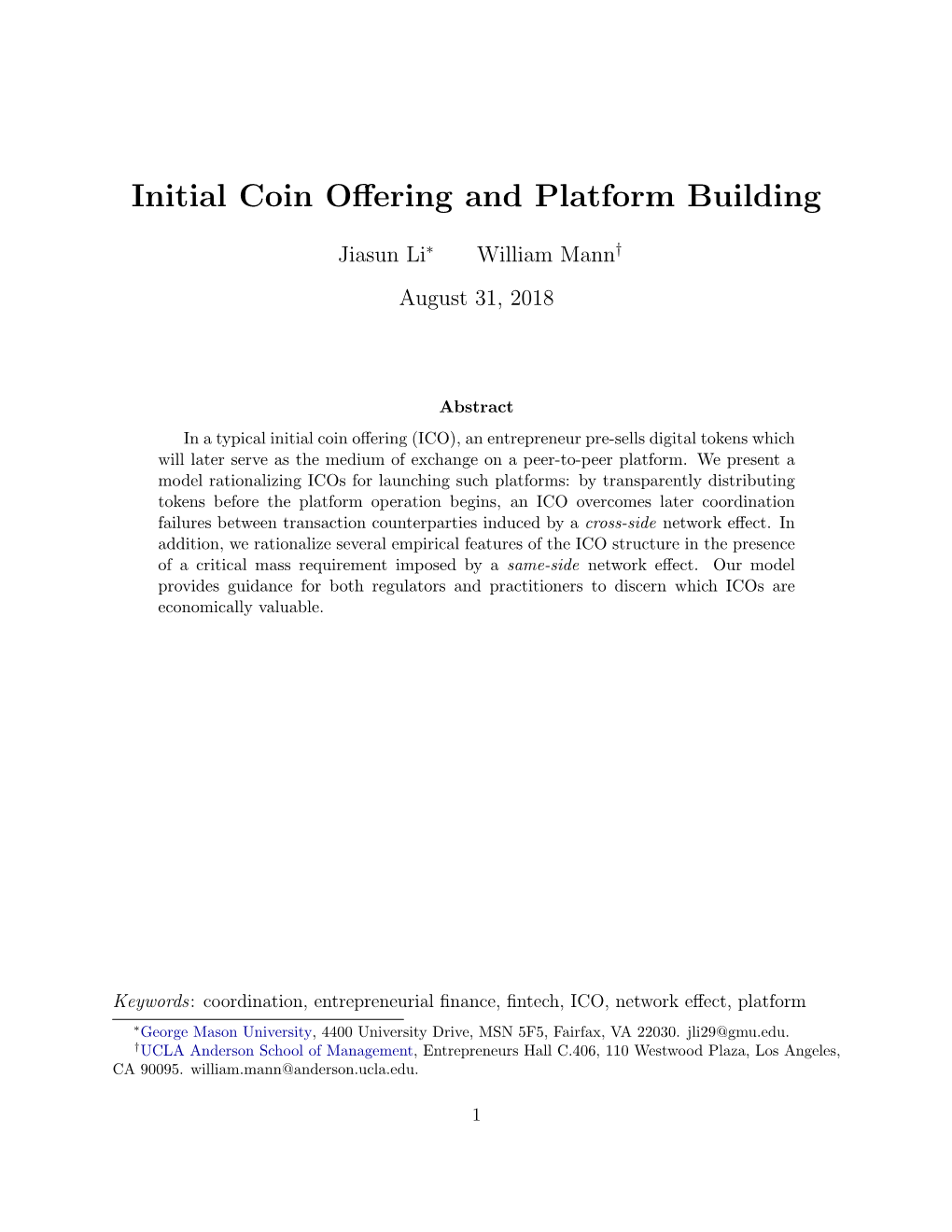 Initial Coin Offering and Platform Building