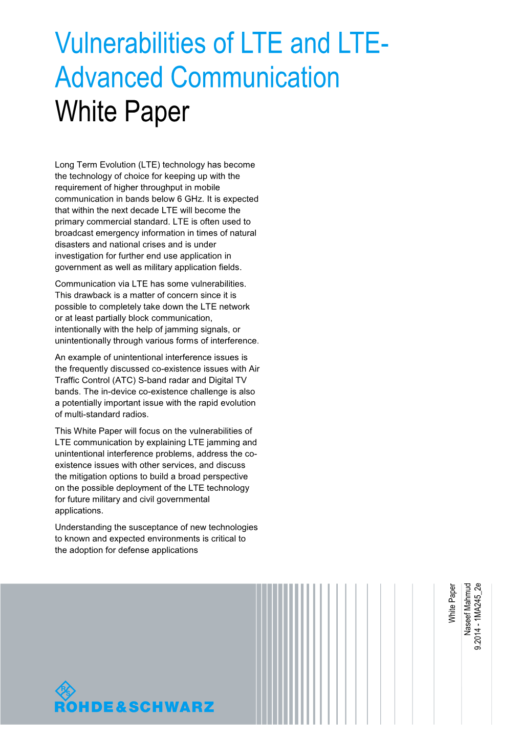 Vulnerabilities of LTE and LTE- Advanced Communication White Paper