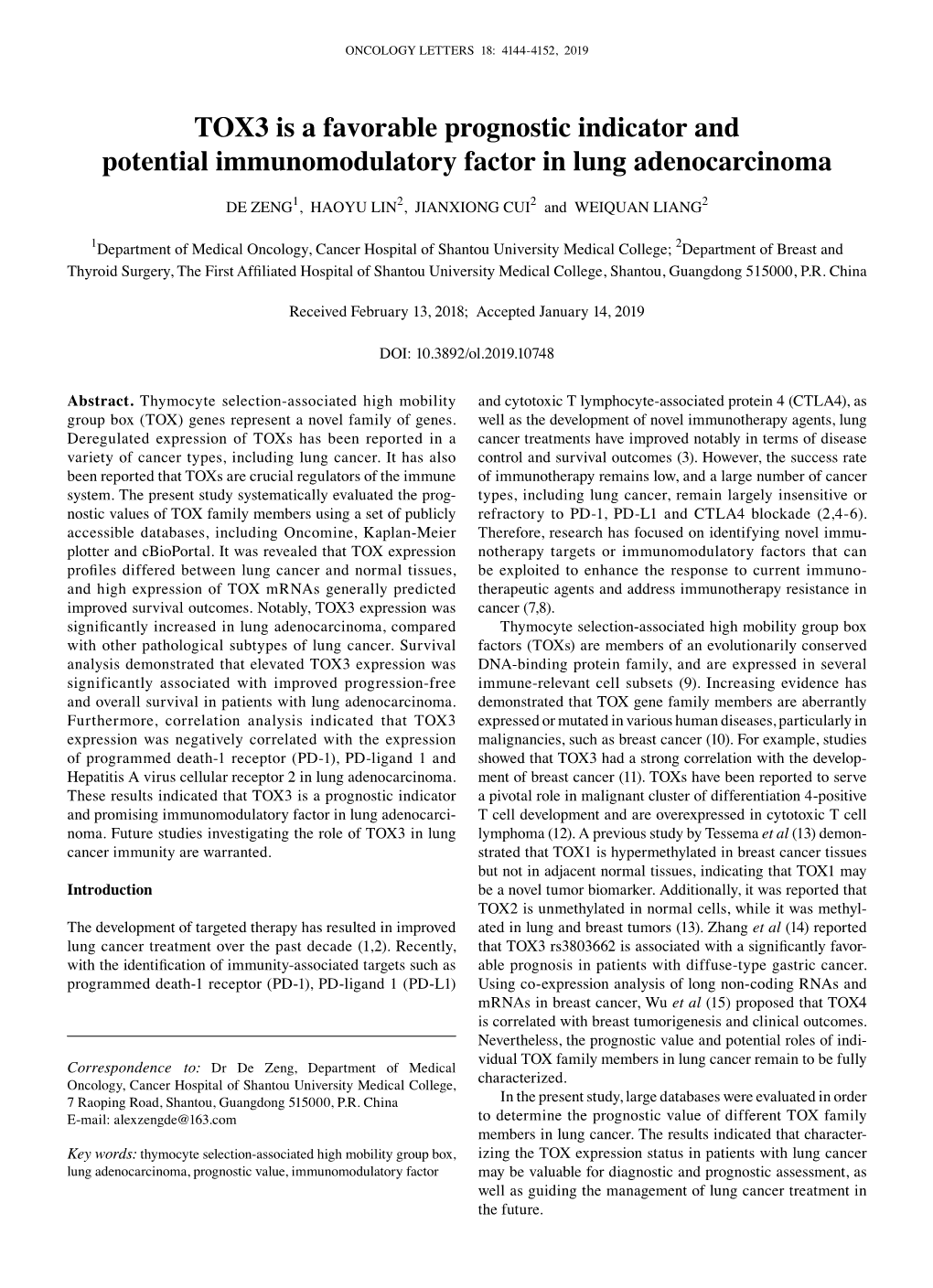 TOX3 Is a Favorable Prognostic Indicator and Potential Immunomodulatory Factor in Lung Adenocarcinoma