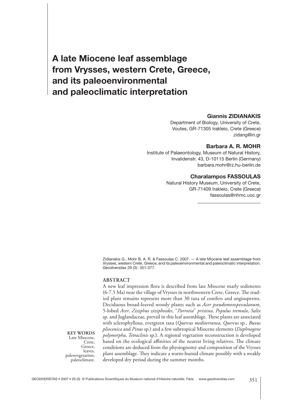 A Late Miocene Leaf Assemblage from Vrysses, Western Crete, Greece, and Its Paleoenvironmental and Paleoclimatic Interpretation