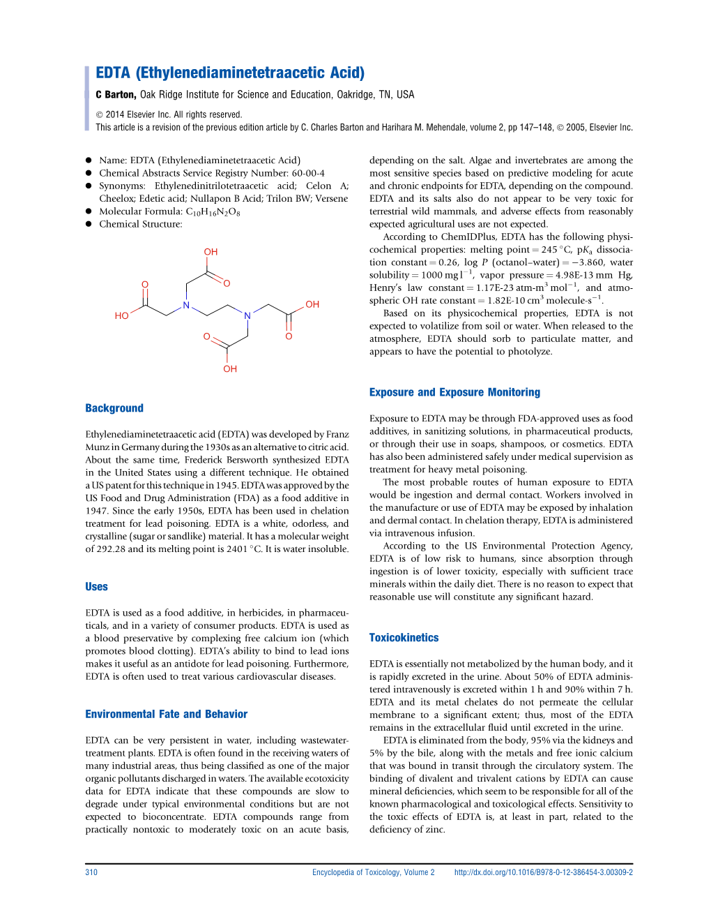 EDTA (Ethylenediaminetetraacetic Acid) C Barton, Oak Ridge Institute for Science and Education, Oakridge, TN, USA