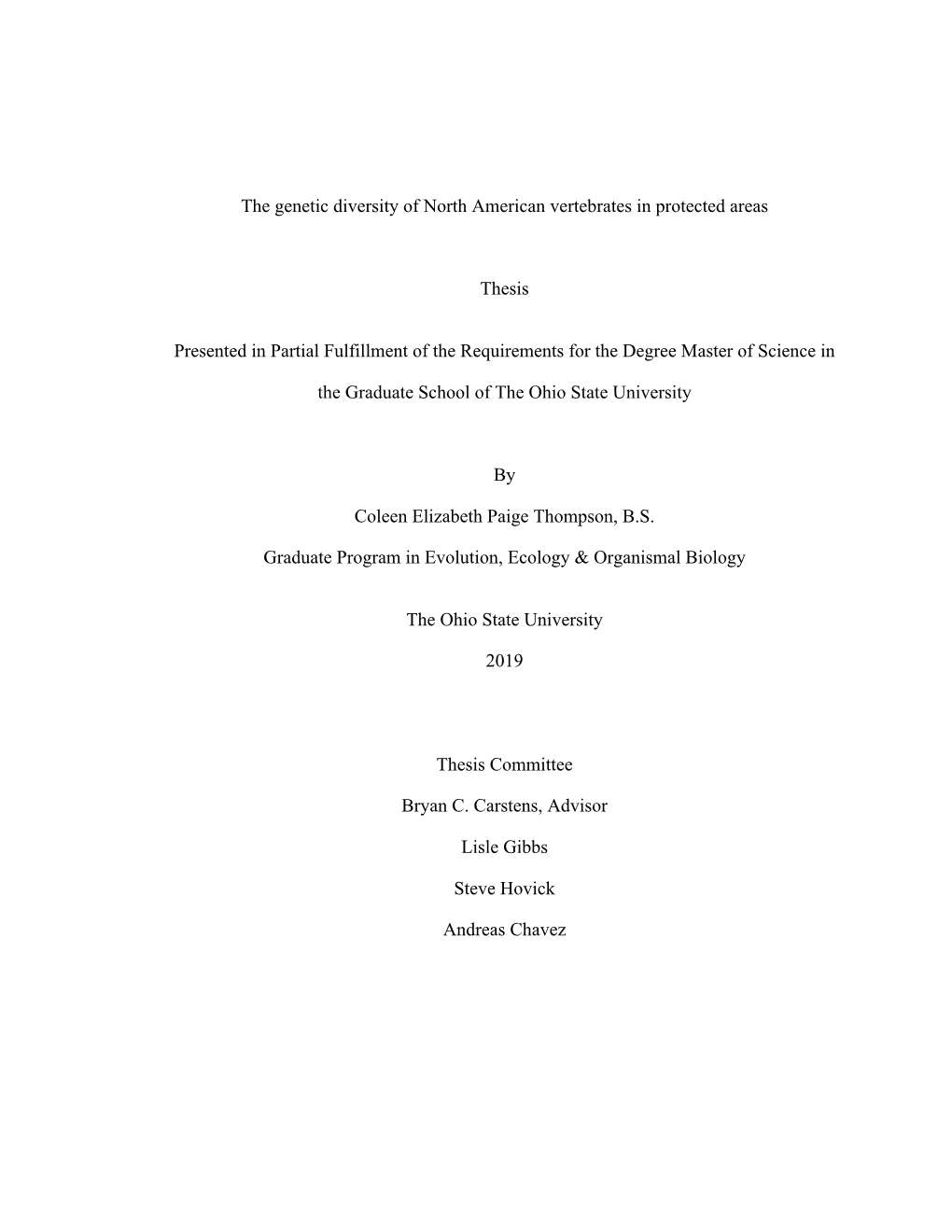 1 the Genetic Diversity of North American Vertebrates in Protected