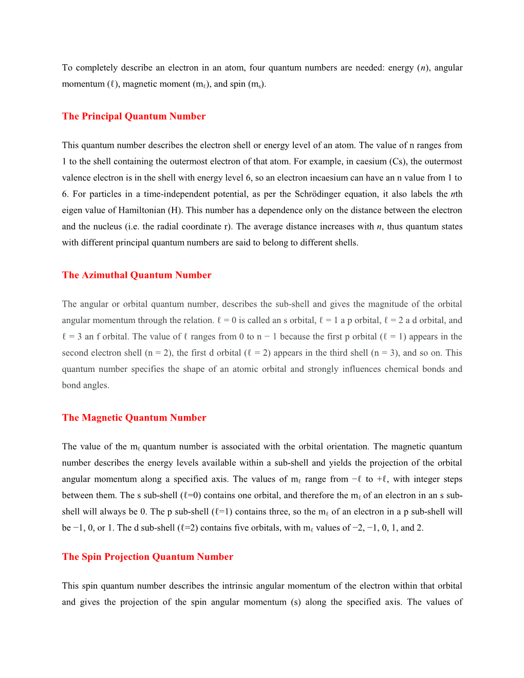 The Principal Quantum Number the Azimuthal Quantum Number The