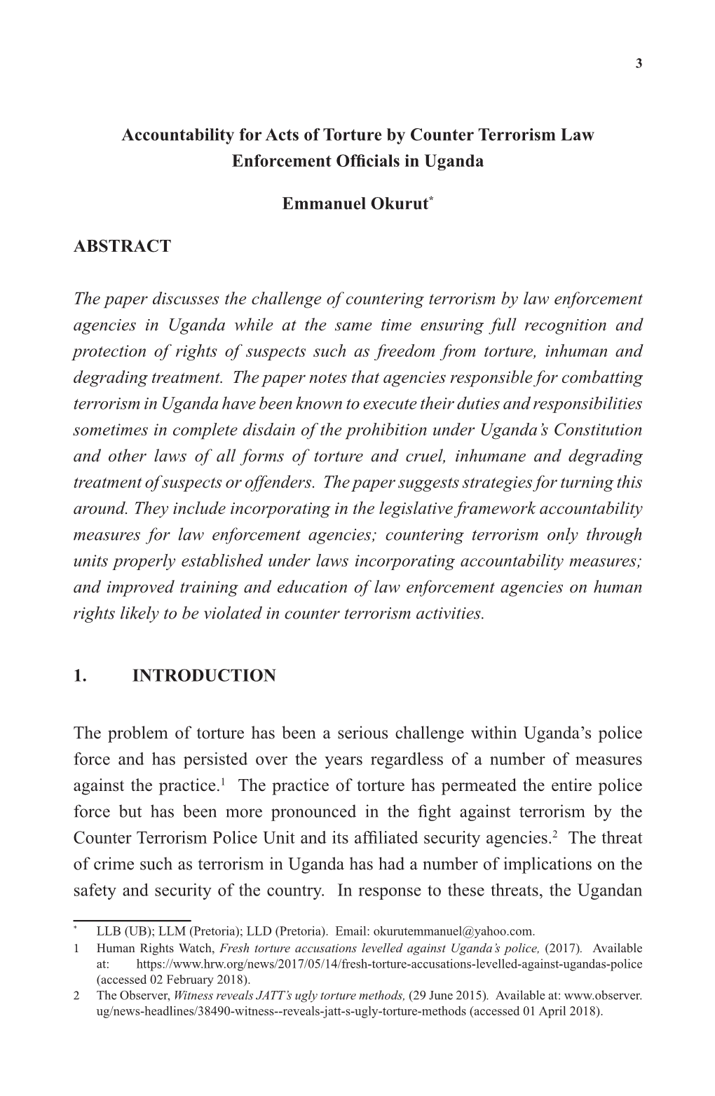 Accountability for Acts of Torture by Counter Terrorism Law Enforcement Officials in Uganda