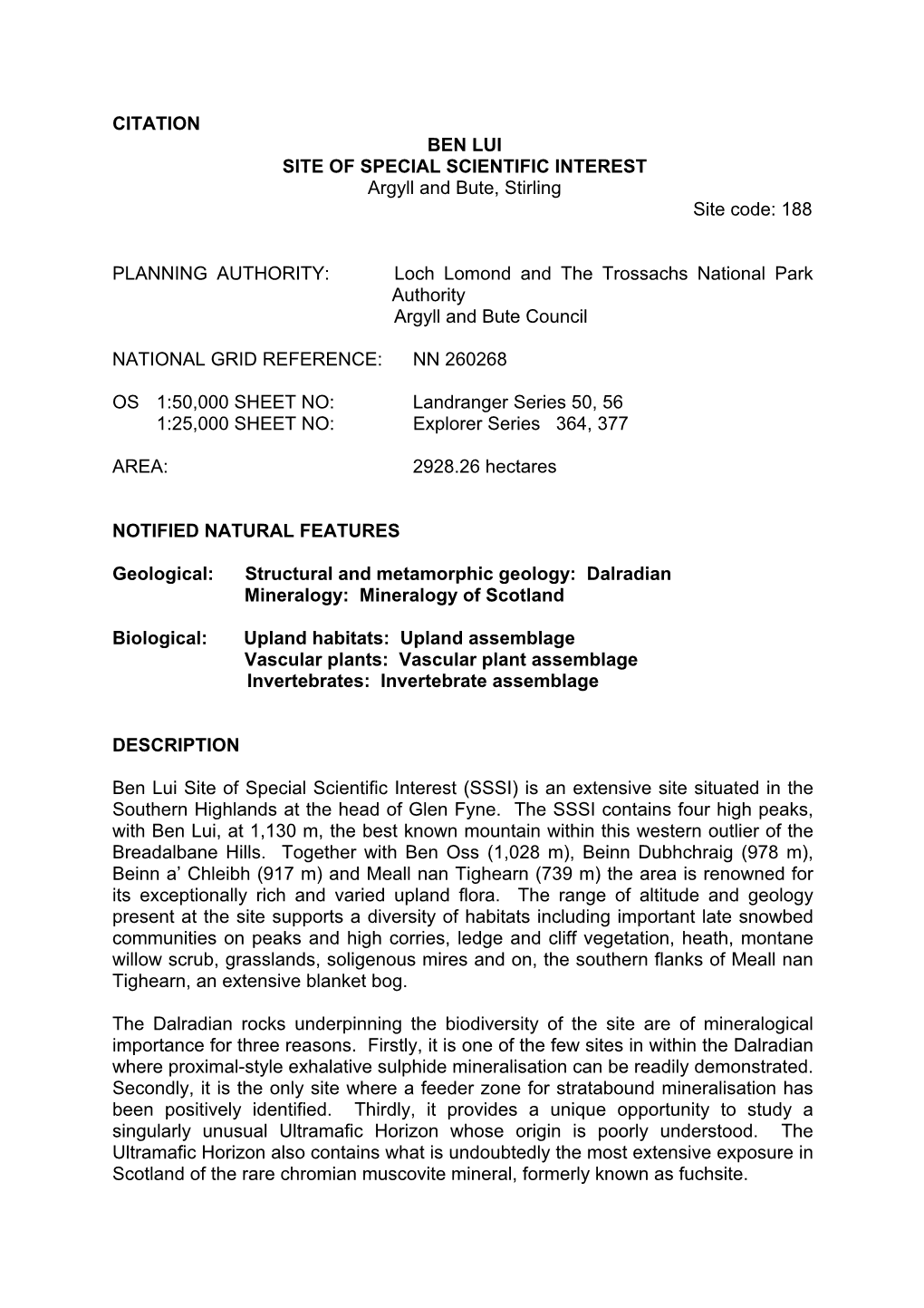 CITATION BEN LUI SITE of SPECIAL SCIENTIFIC INTEREST Argyll and Bute, Stirling Site Code: 188