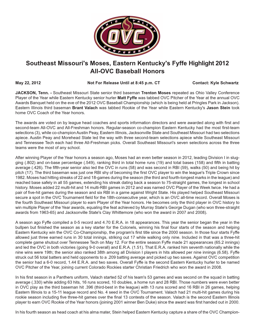 2012 All-OVC Baseball Release.Indd