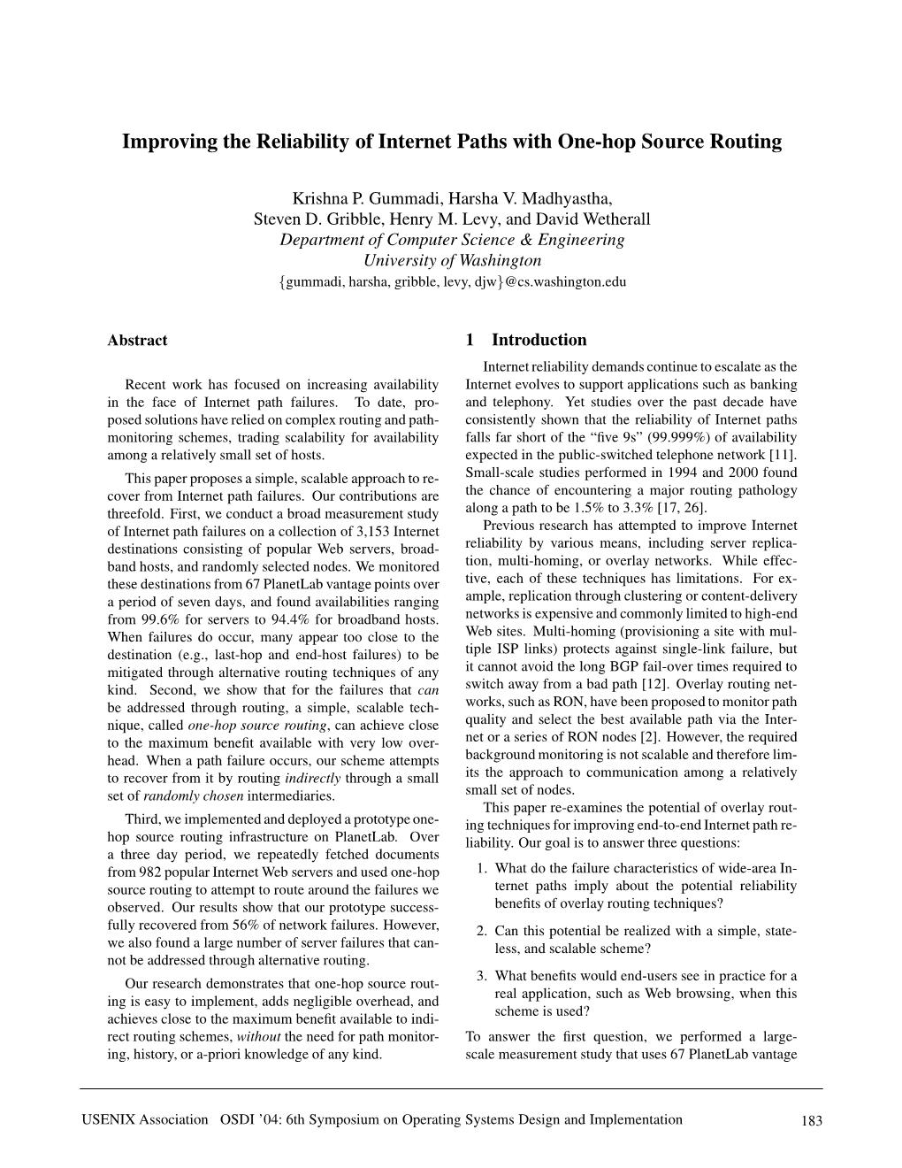 Improving the Reliability of Internet Paths with One-Hop Source Routing