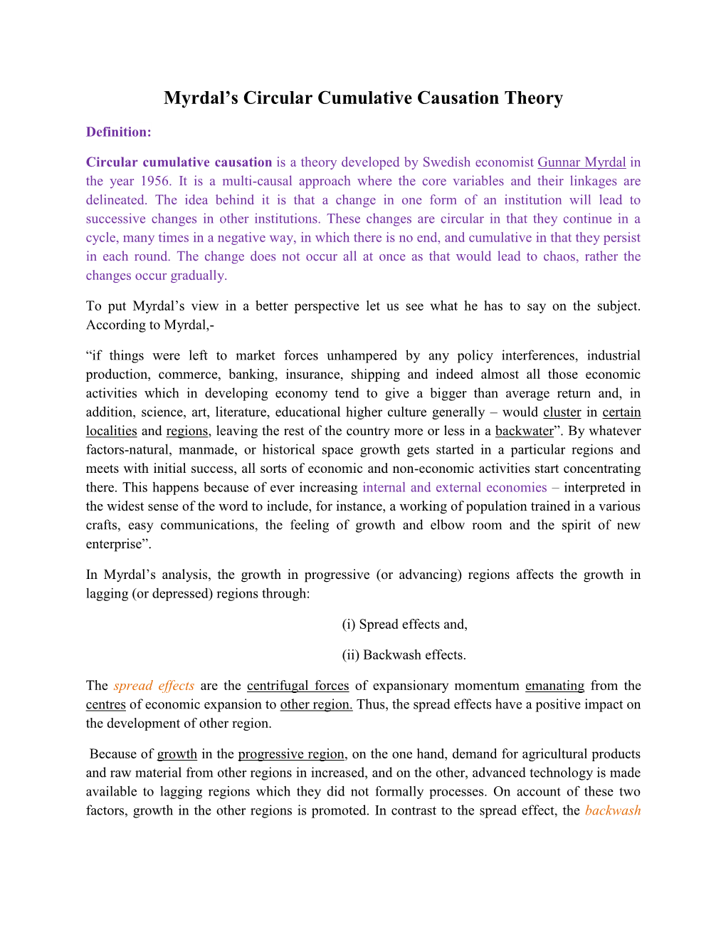 Myrdal's Circular Cumulative Causation Theory