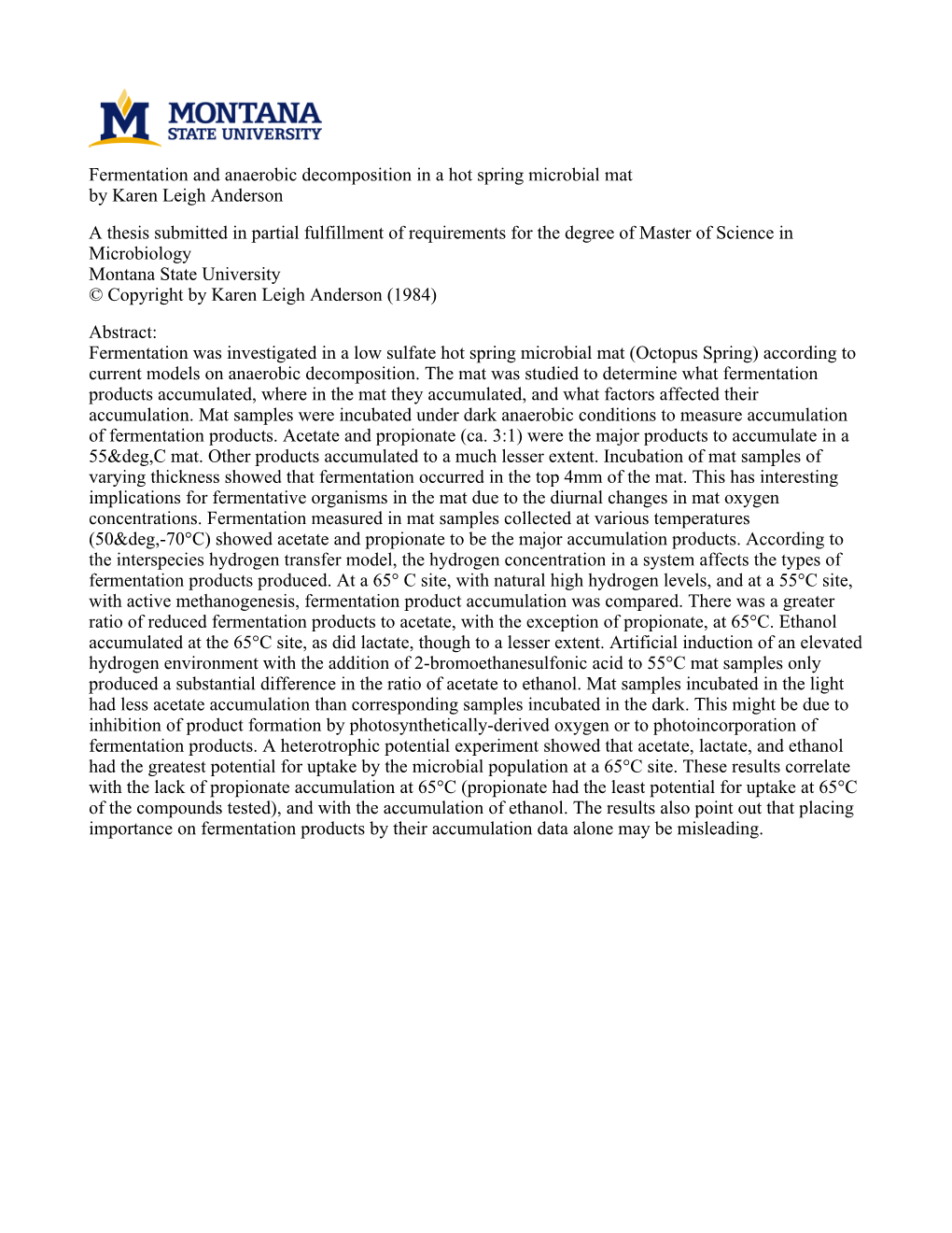 Fermentation and Anaerobic Decomposition in a Hot Spring