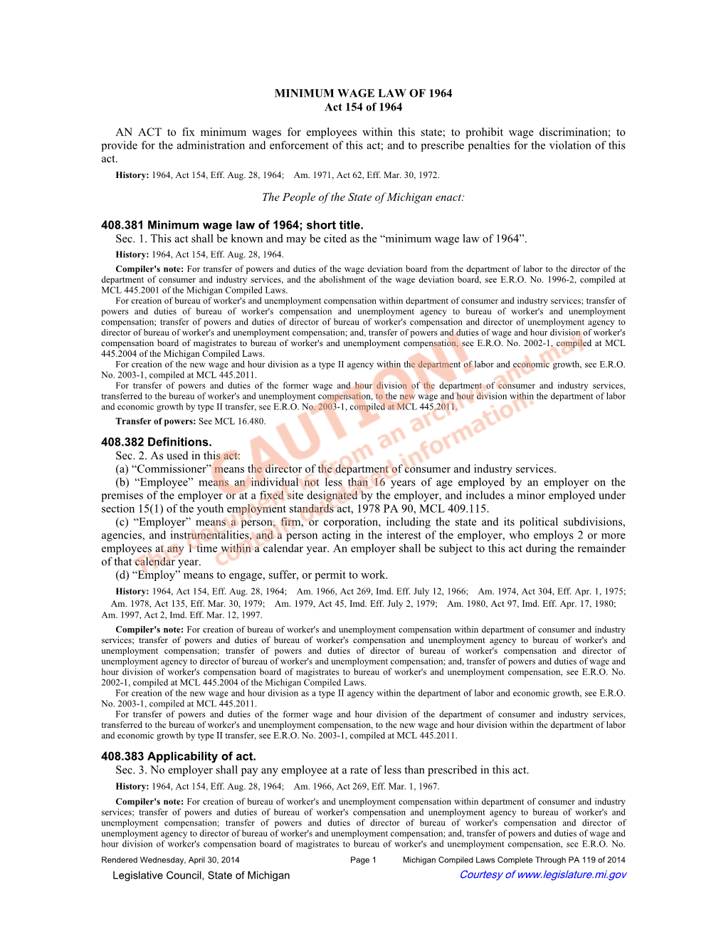 MINIMUM WAGE LAW of 1964 Act 154 of 1964 an ACT to Fix Minimum