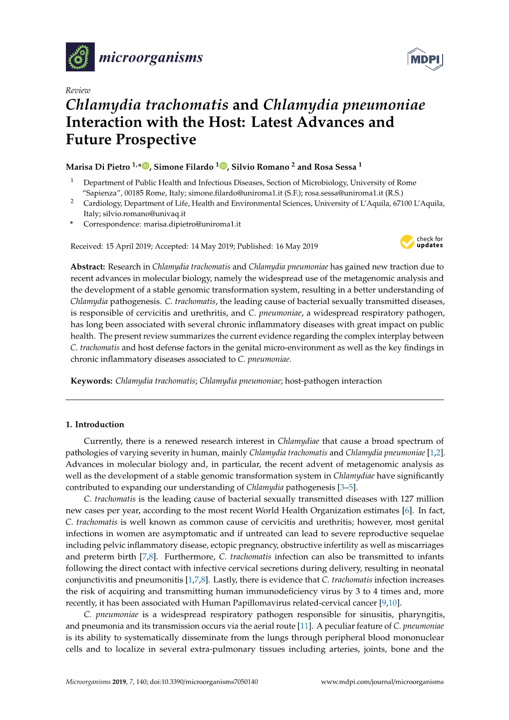 Chlamydia Trachomatis and Chlamydia Pneumoniae Interaction with the Host: Latest Advances and Future Prospective