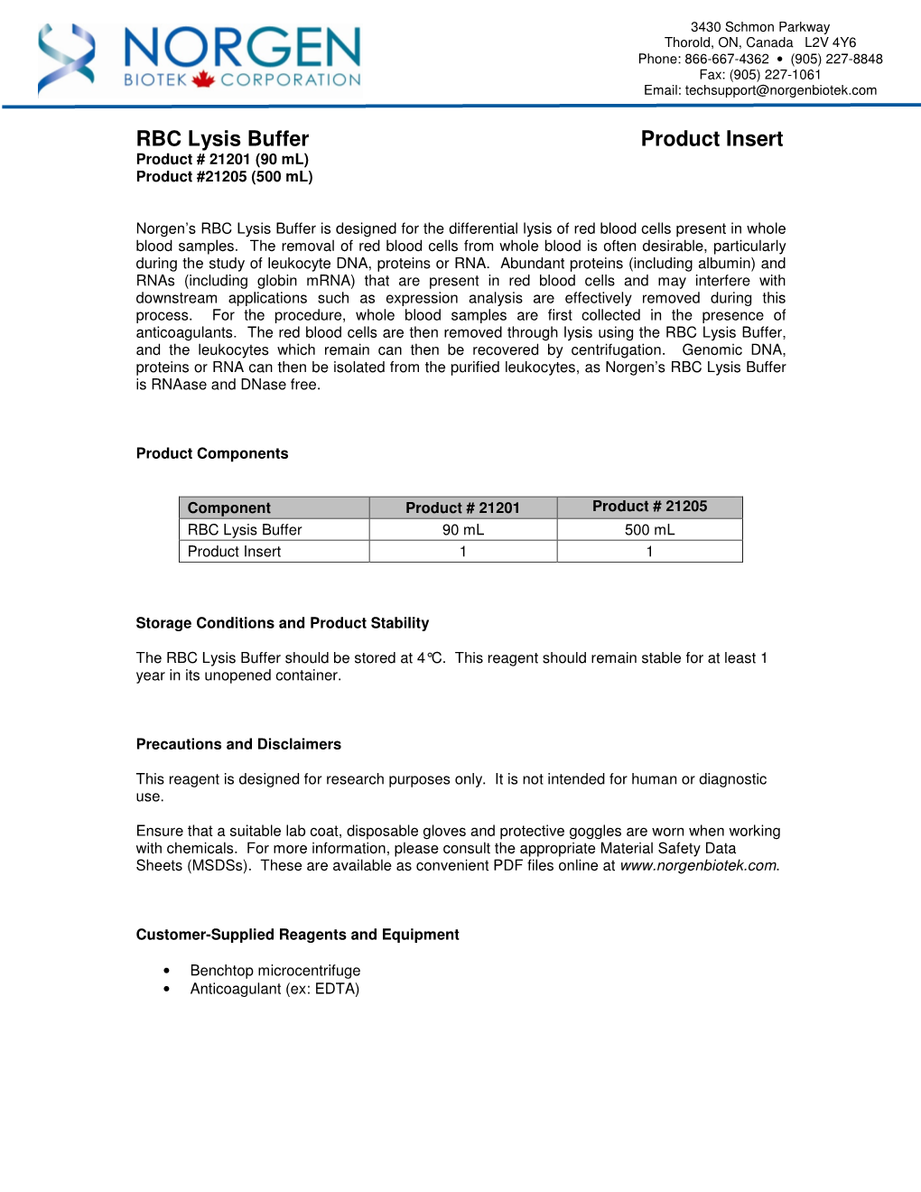 RBC Lysis Buffer Product Insert Product # 21201 (90 Ml) Product #21205 (500 Ml)