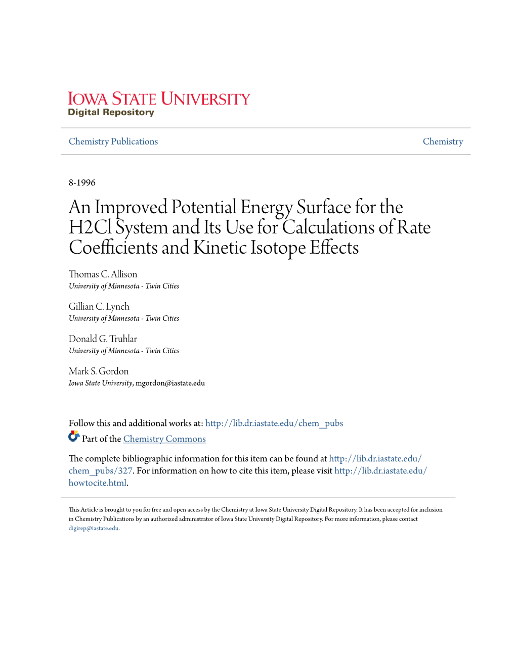 An Improved Potential Energy Surface for the H2cl System and Its Use for Calculations of Rate Coefficients and Kinetic Isotope Effects Thomas C