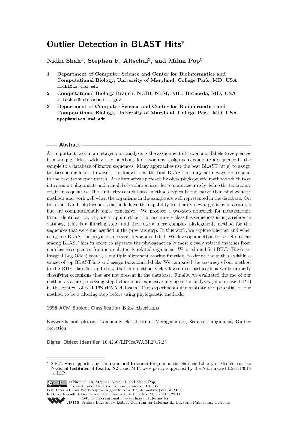 Outlier Detection in BLAST Hits∗