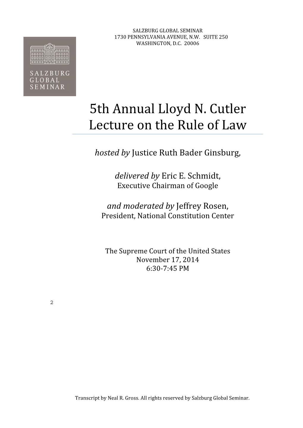 5Th Annual Lloyd N. Cutler Lecture on the Rule of Law