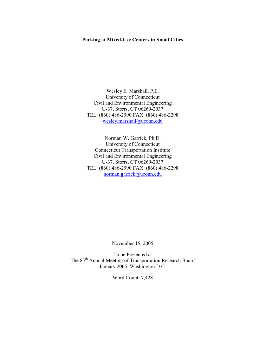 Parking at Mixed-Use Centers in Small Cities Wesley E. Marshall