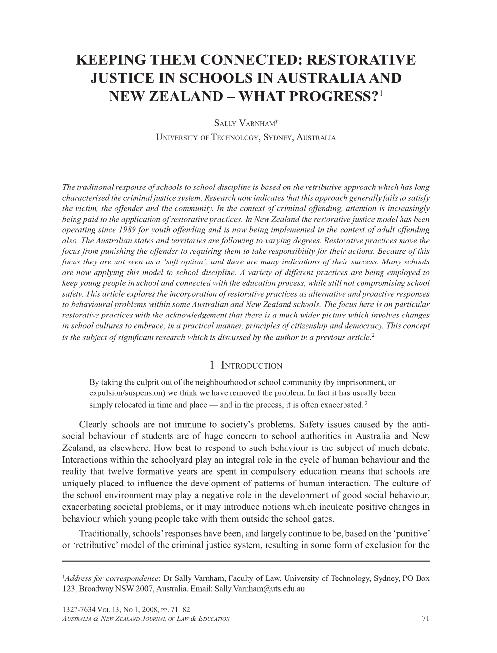 Restorative Justice in Schools in Australia and New Zealand – What Progress?1