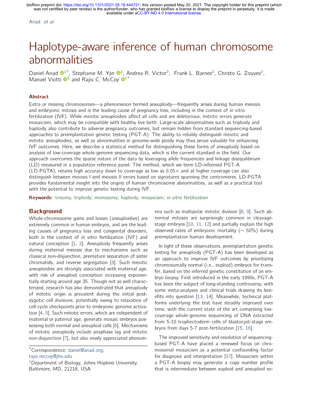 Haplotype-Aware Inference of Human Chromosome Abnormalities Daniel Ariad 1*, Stephanie M