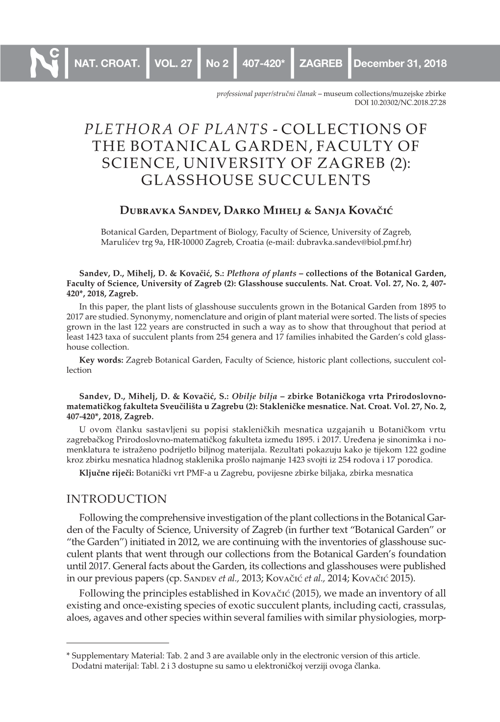 Plethora of Plants - Collections of the Botanical Garden, Faculty of Science, University of Zagreb (2): Glasshouse Succulents