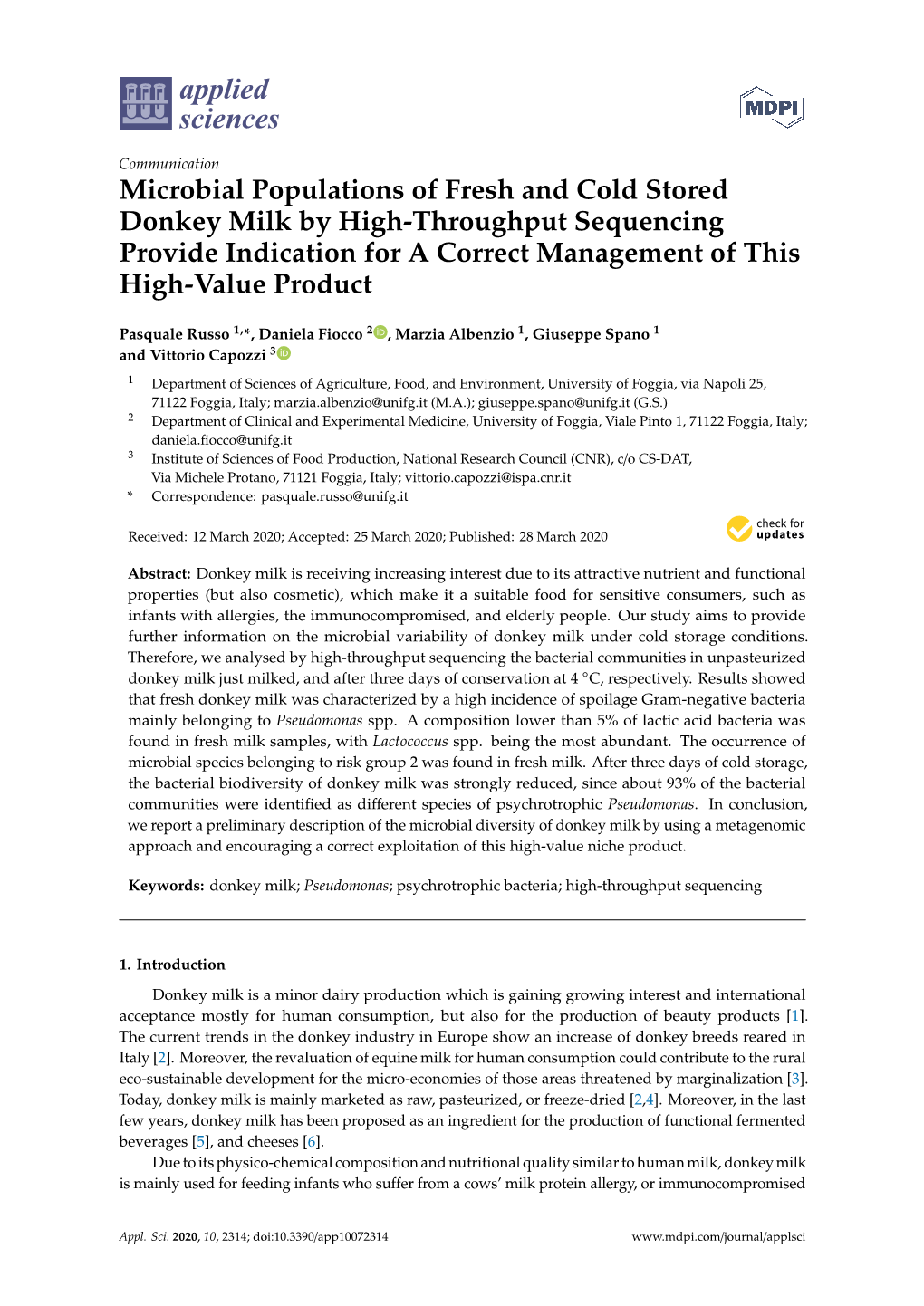 Microbial Populations of Fresh and Cold Stored Donkey Milk by High-Throughput Sequencing Provide Indication for a Correct Management of This High-Value Product