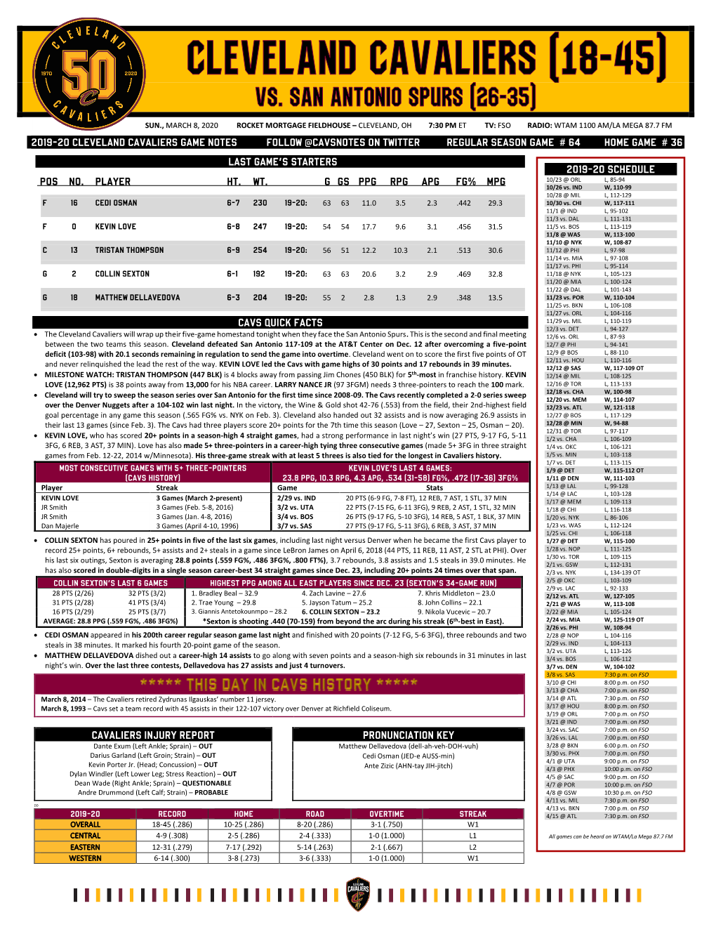 2019-20 Cleveland Cavaliers Game Notes Follow @Cavsnotes on Twitter Regular Season Game # 64 Home Game # 36