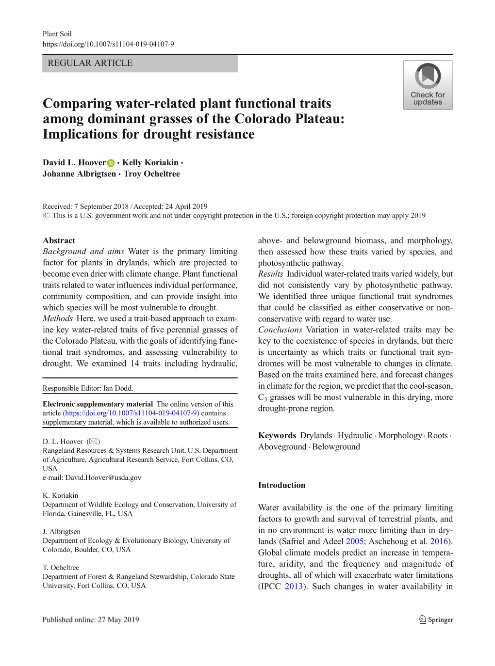 Comparing Water-Related Plant Functional Traits Among Dominant Grasses of the Colorado Plateau: Implications for Drought Resistance