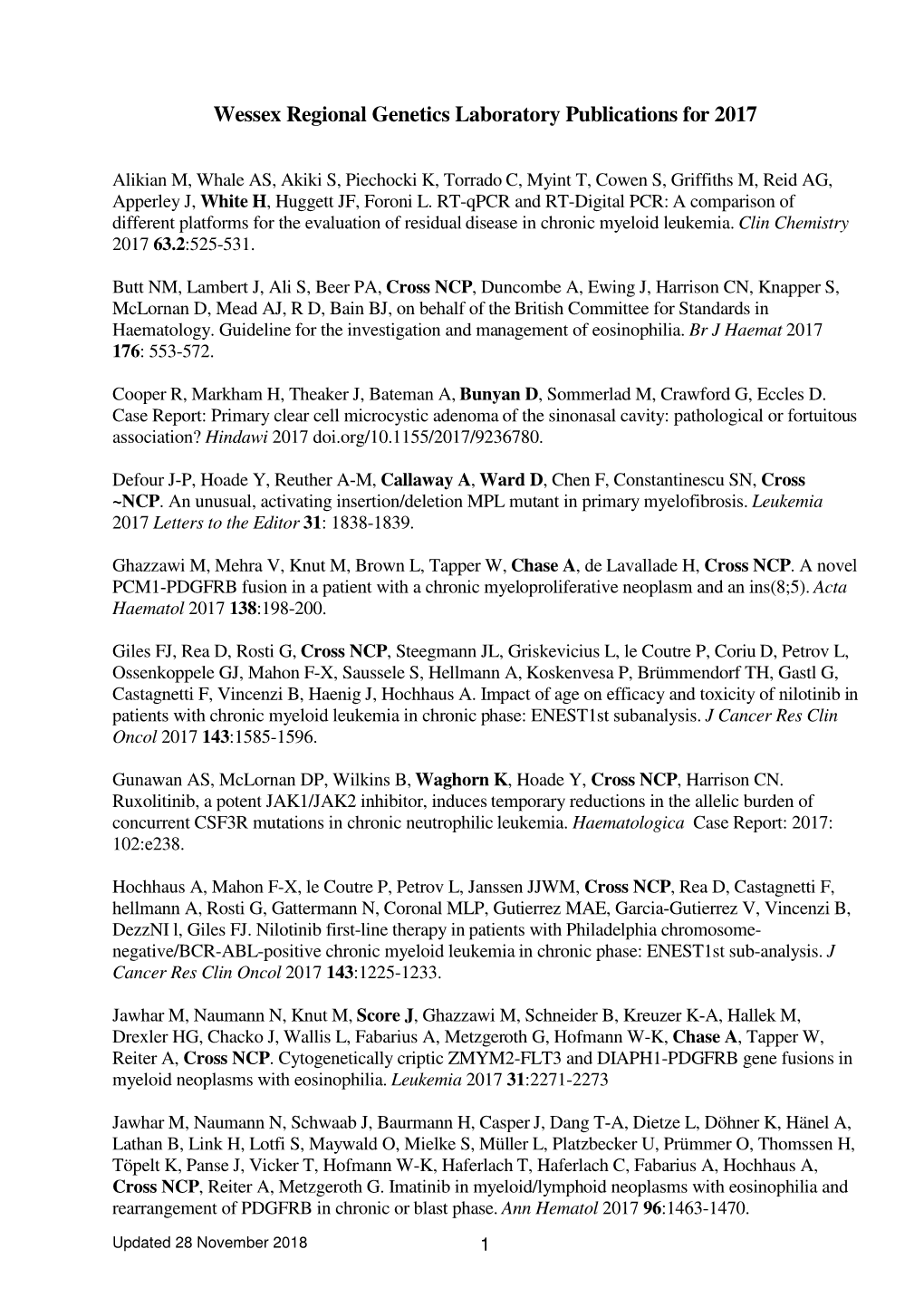 Wessex Regional Genetics Laboratory Publications for 2017