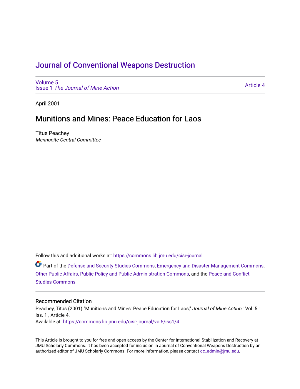 Munitions and Mines: Peace Education for Laos