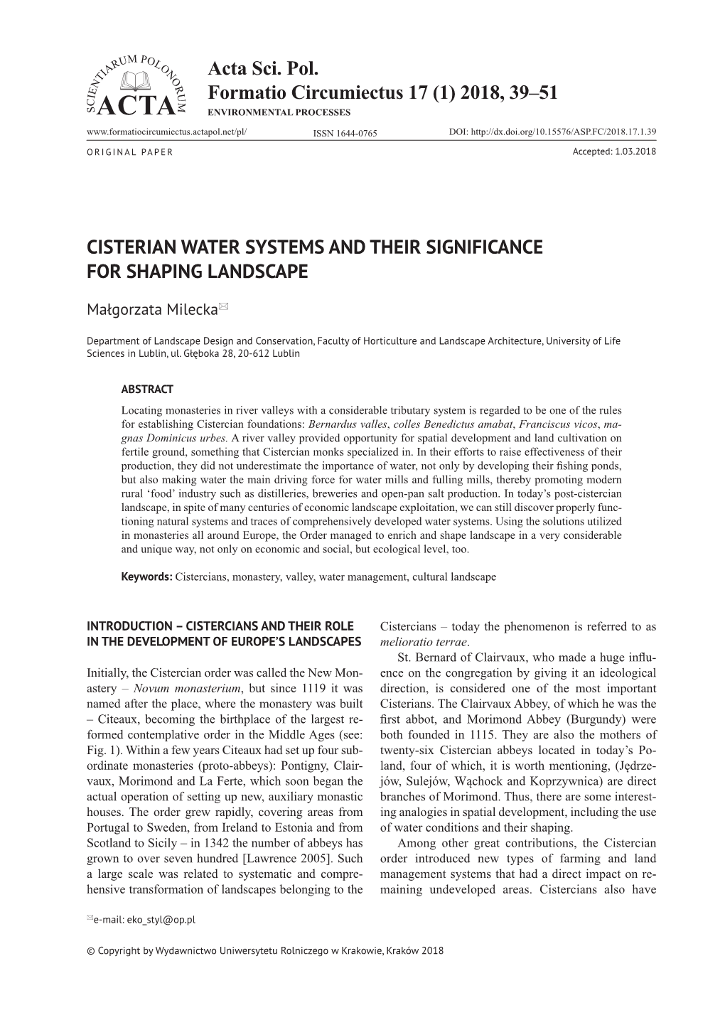 (1) 2018, 39–51 Cisterian Water Systems and Their Significance for Shaping Landscape