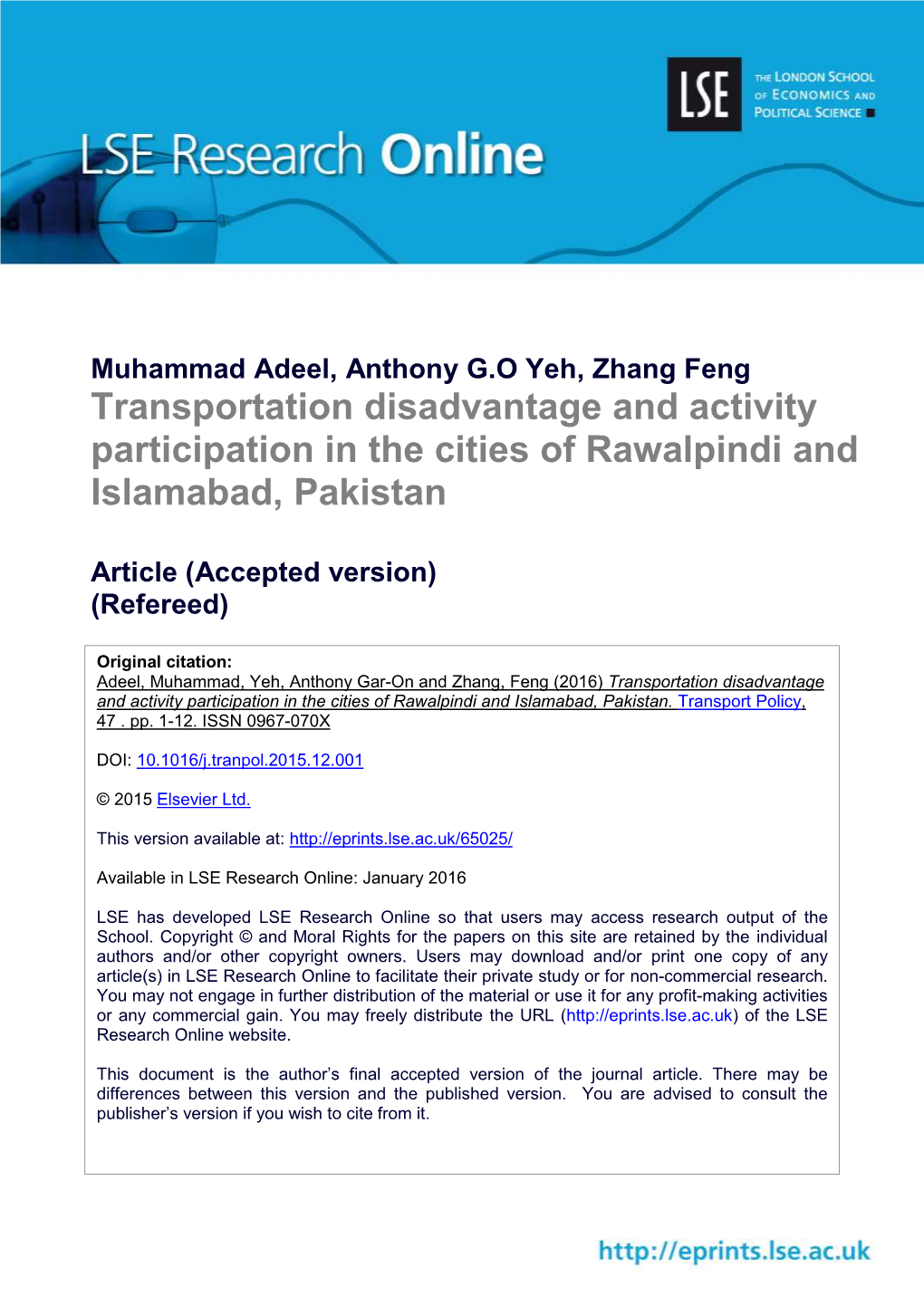 Transportation Disadvantage and Activity Participation in the Cities of Rawalpindi and Islamabad, Pakistan