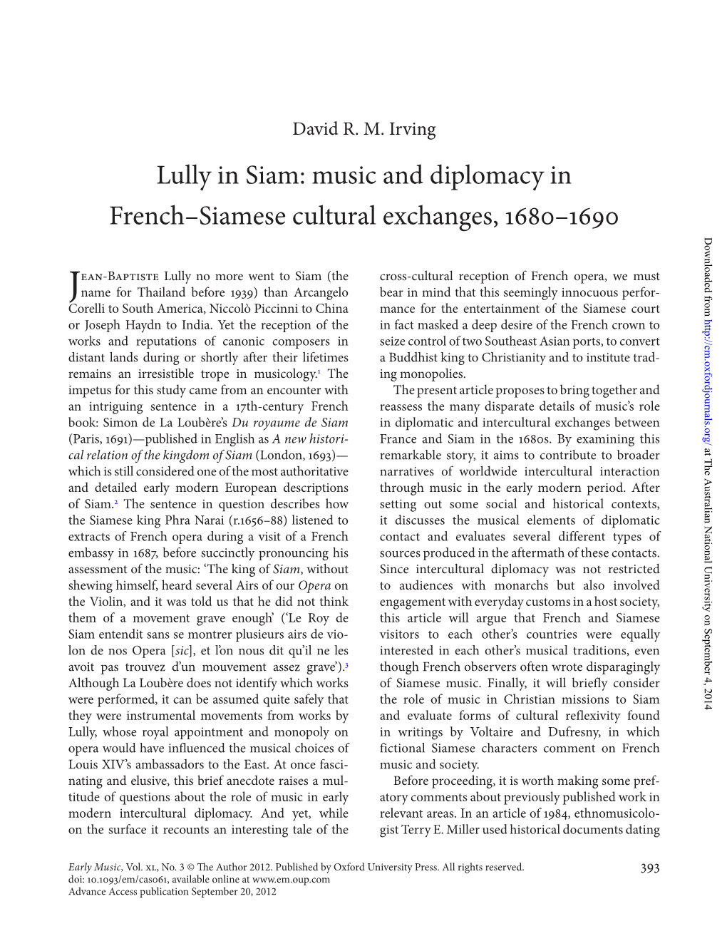 Lully in Siam: Music and Diplomacy in French–Siamese Cultural Exchanges, 1680–1690 Downloaded From