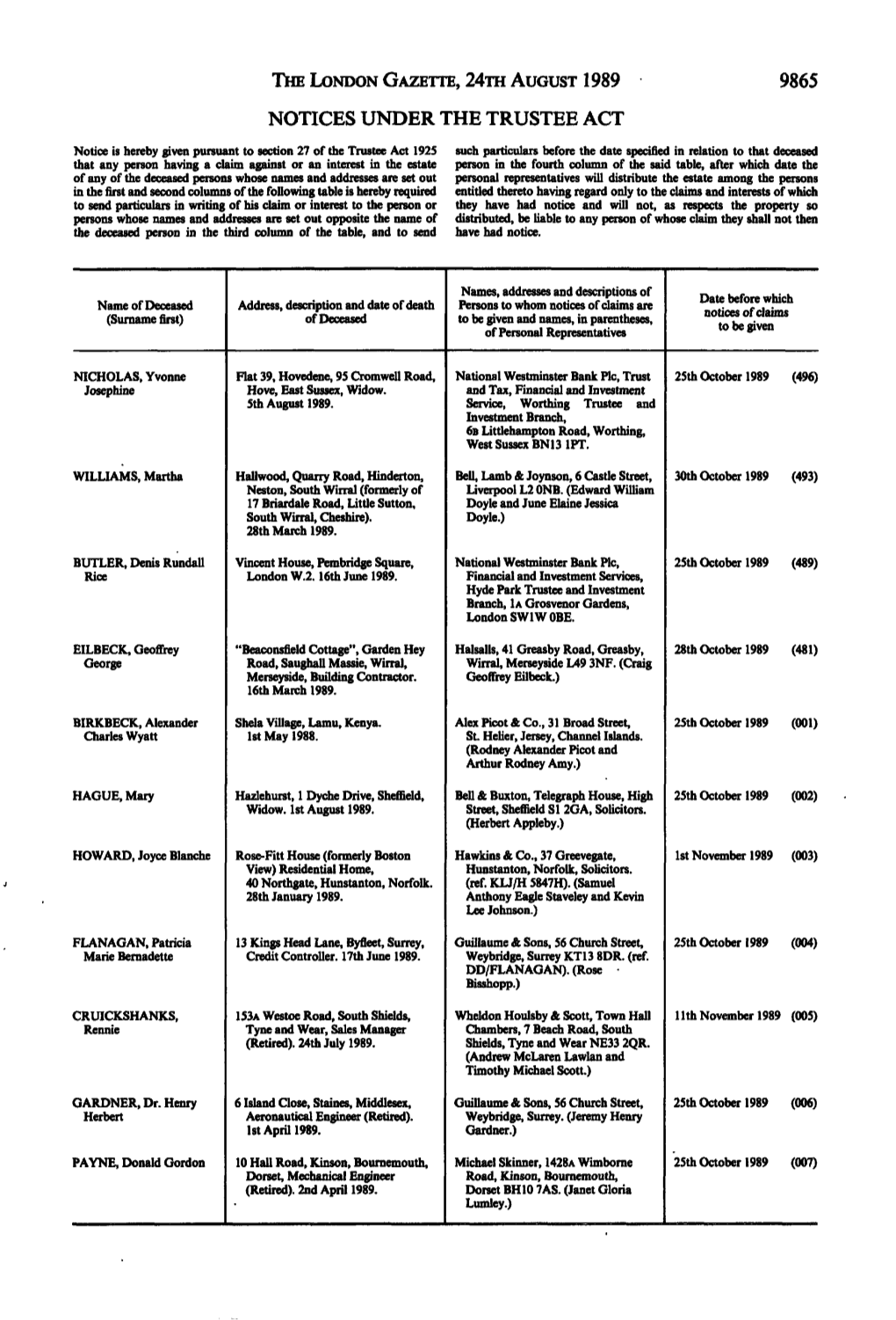 The London Gazette, 24Th August 1989 9865 Notices Under the Trustee Act