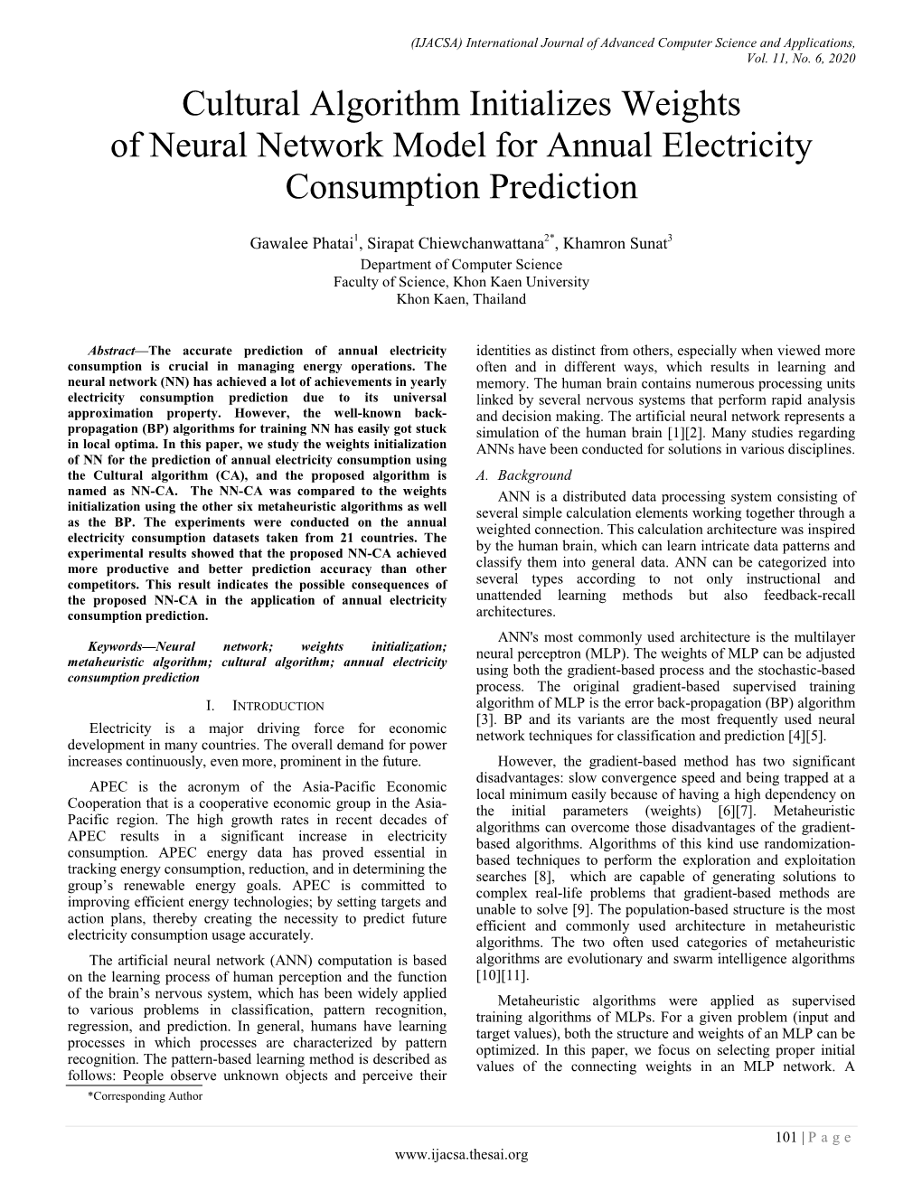 "Cultural Algorithm Initializes Weights of Neural Network Model for Annual Electricity Consumption Prediction "