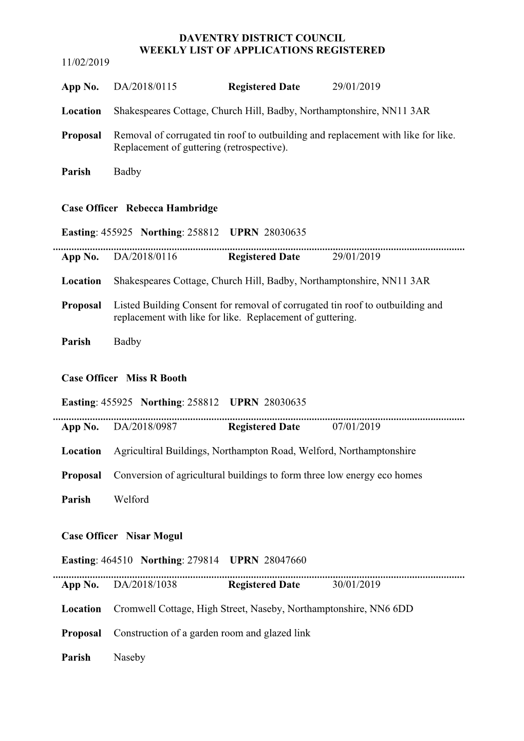 DAVENTRY DISTRICT COUNCIL WEEKLY LIST of APPLICATIONS REGISTERED 11/02/2019 App No. DA/2018/0115 Registered Date 29/01/2019 Loca