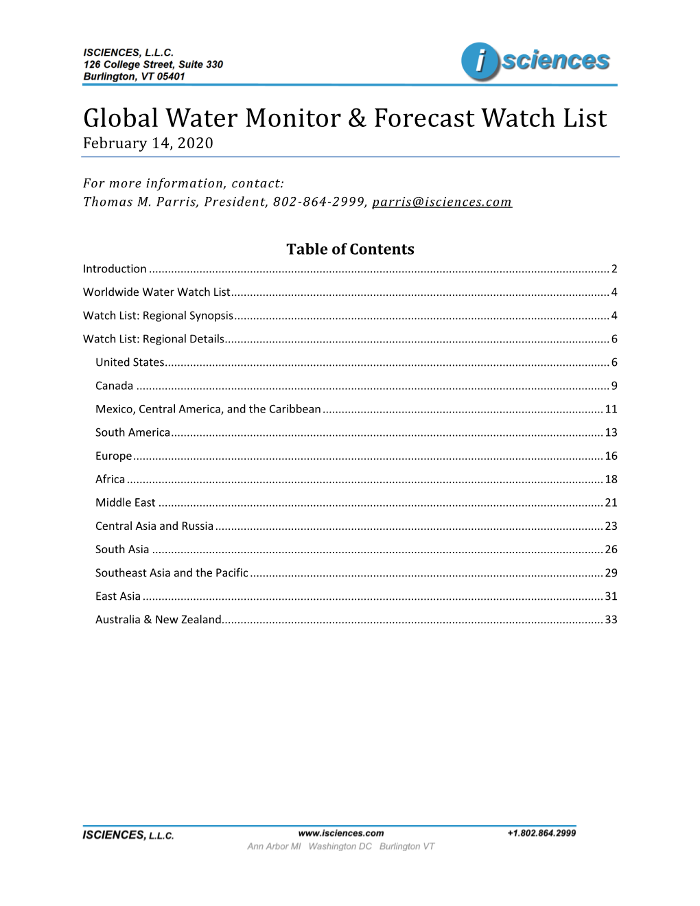 Isciences Global Water Monitor & Forecast February 14, 2020