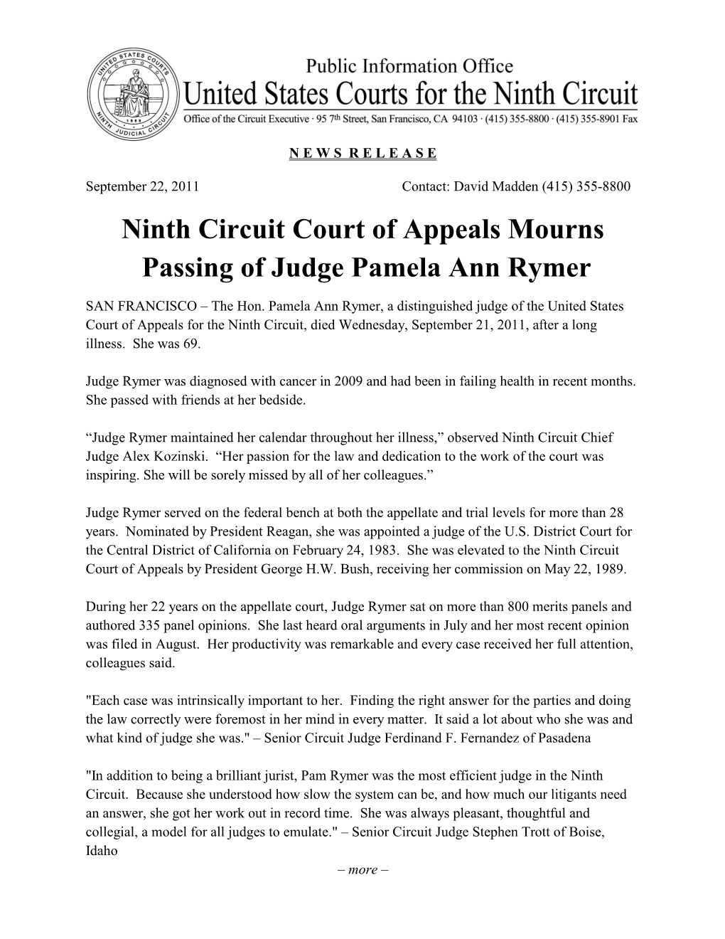 Ninth Circuit Court of Appeals Mourns Passing of Judge Pamela Ann Rymer