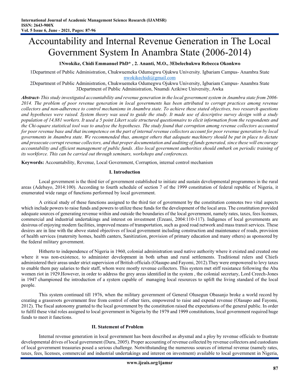 Accountability and Internal Revenue Generation in the Local Government System in Anambra State (2006-2014) 1Nwokike, Chidi Emmanuel Phd* , 2