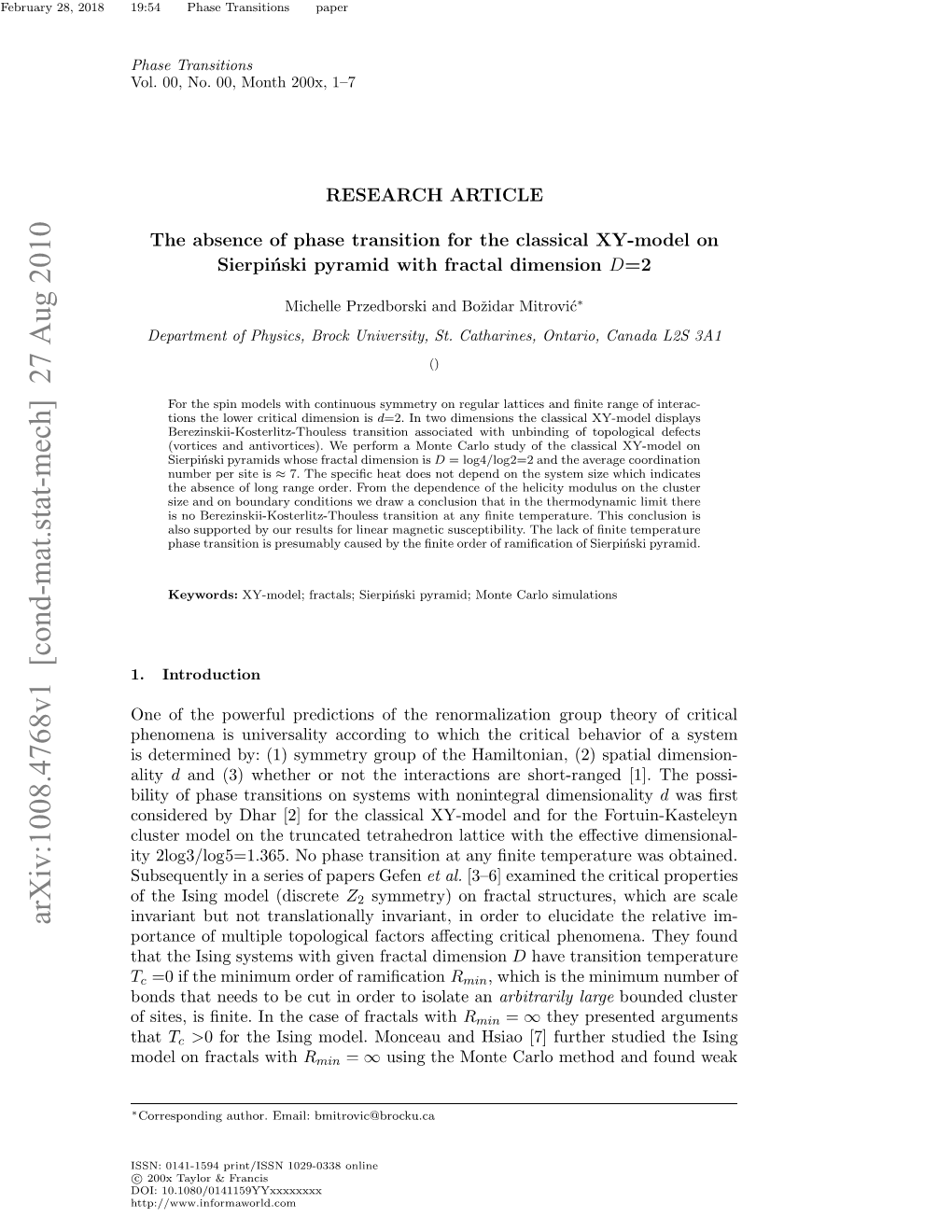 The Absence of Phase Transition for the Classical XY-Model On