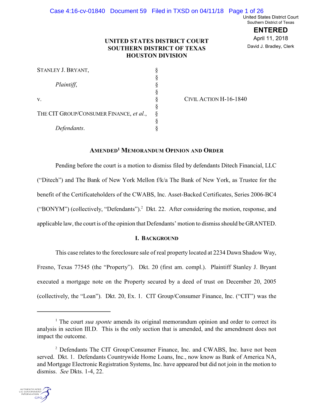 Case 4:16-Cv-01840 Document 59 Filed in TXSD on 04/11/18 Page 1 of 26
