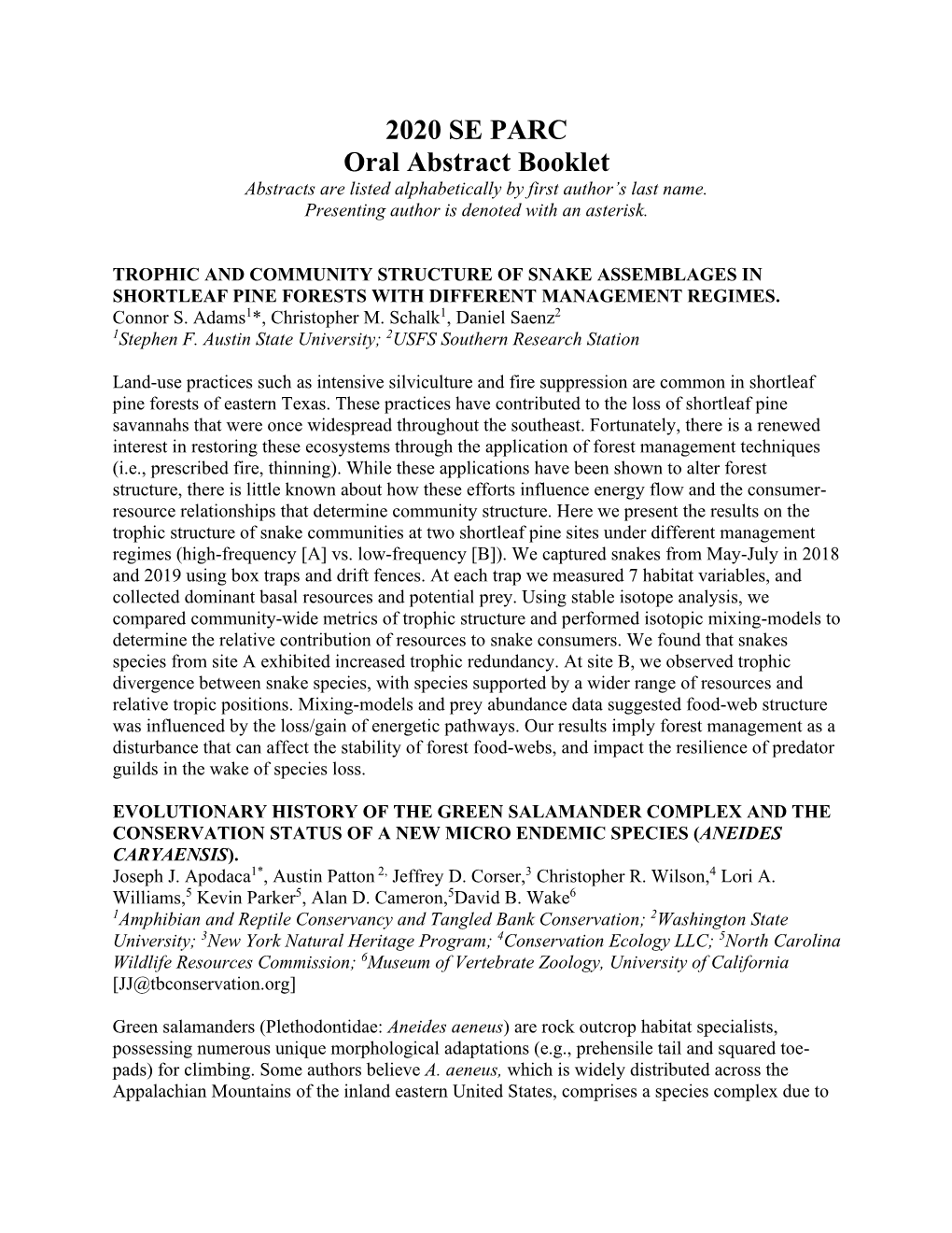 2020 SE PARC Oral Abstract Booklet Abstracts Are Listed Alphabetically by First Author’S Last Name