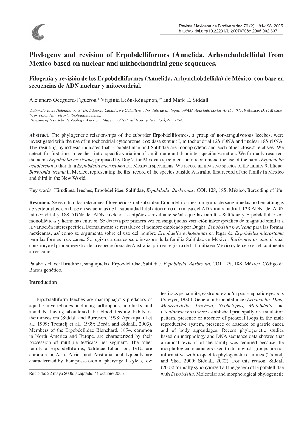 Phylogeny and Revision of Erpobdelliformes (Annelida, Arhynchobdellida) from Mexico Based on Nuclear and Mithochondrial Gene Sequences