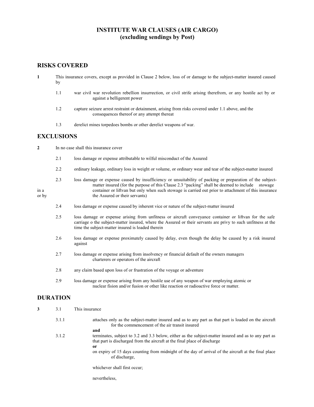 Institute War Clauses (Air Cargo)