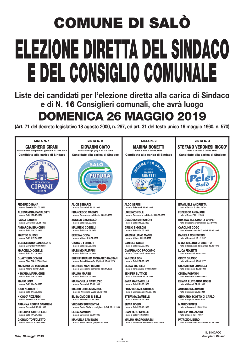 Liste Dei Candidati Per L'elezione Diretta Alla Carica Di Sindaco E Di N