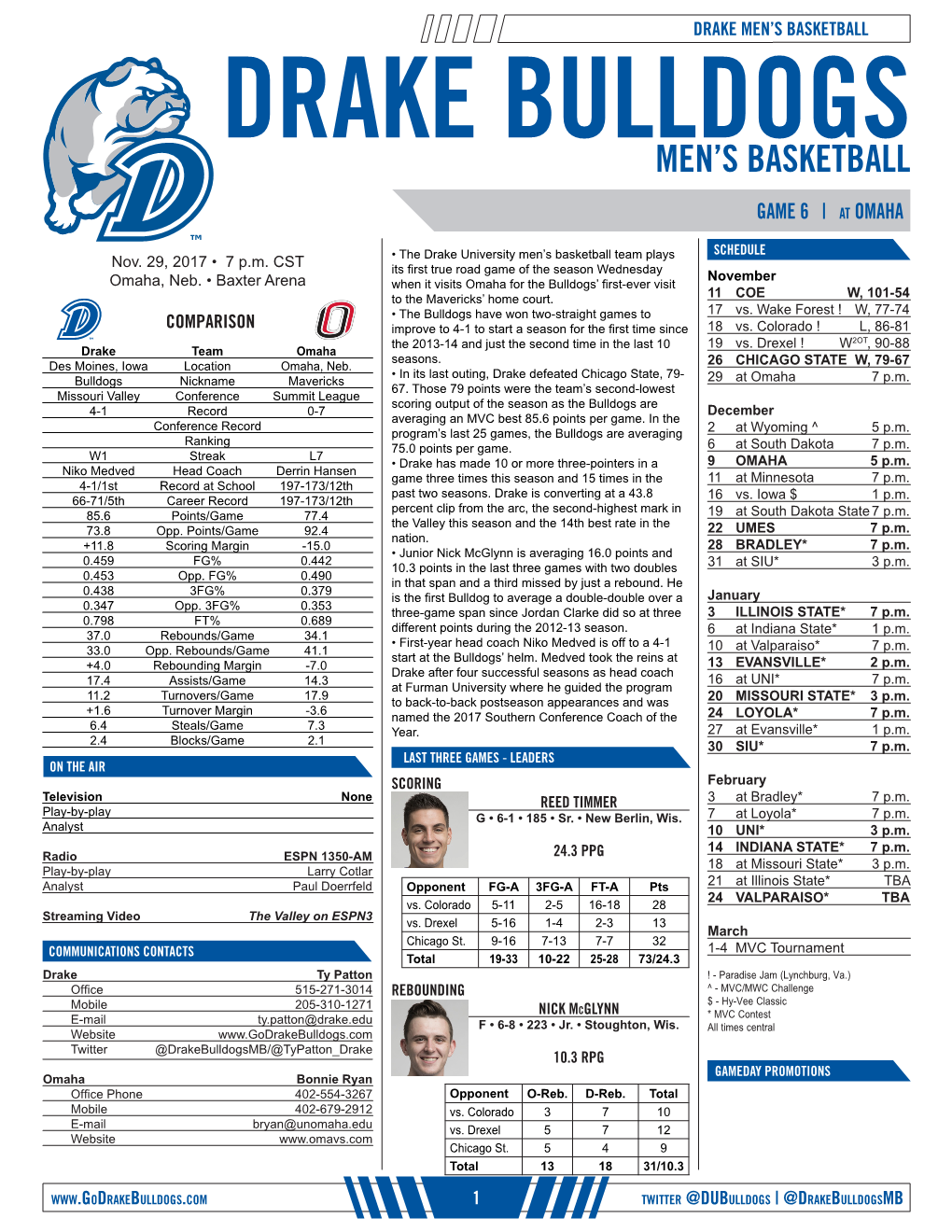 Men's Basketball Drake Individual Game-By-Game (As of Nov 26, 2017) All Games 2 #02 Gibbs, Jalen Guard 6-3 • Fr