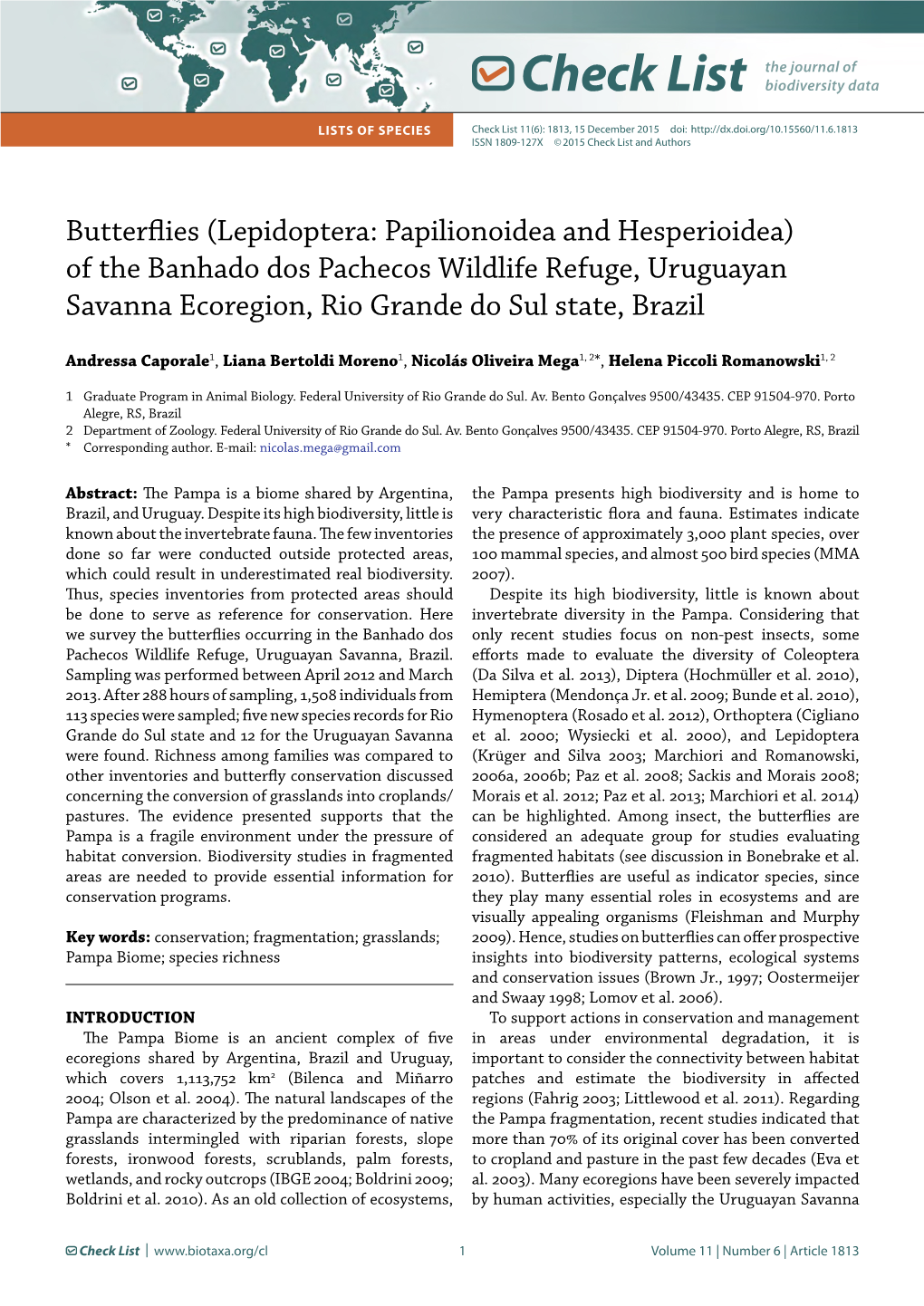 Check List Lists of Species Check List 11(6): 1813, 15 December 2015 Doi: ISSN 1809-127X © 2015 Check List and Authors