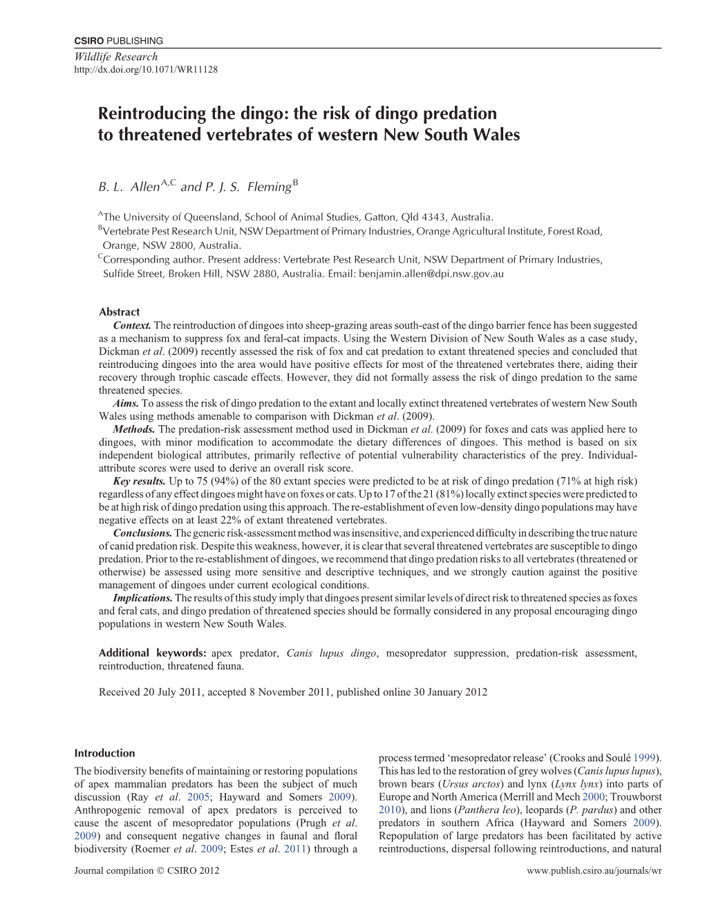 Reintroducing the Dingo: the Risk of Dingo Predation to Threatened Vertebrates of Western New South Wales