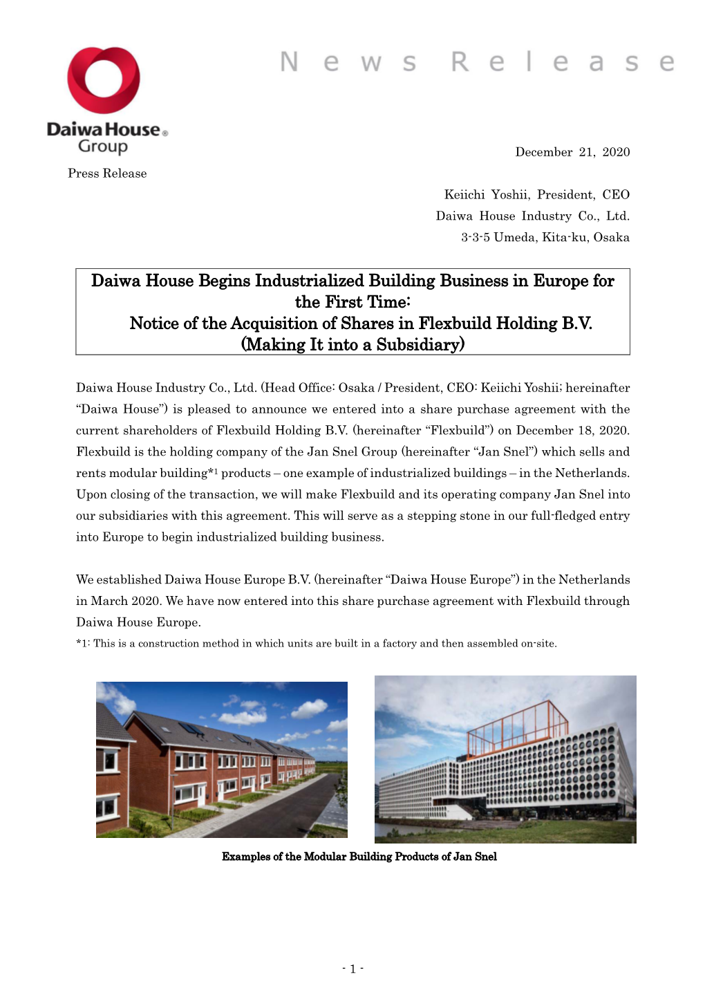 Daiwa House Begins Industrialized Building Business in Europe for the First Time: Notice of the Acquisition of Shares in Flexbuild Holding B.V