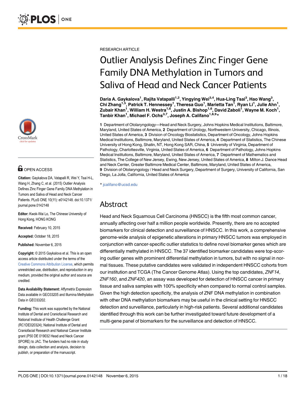 Outlier Analysis Defines Zinc Finger Gene Family DNA Methylation in Tumors and Saliva of Head and Neck Cancer Patients