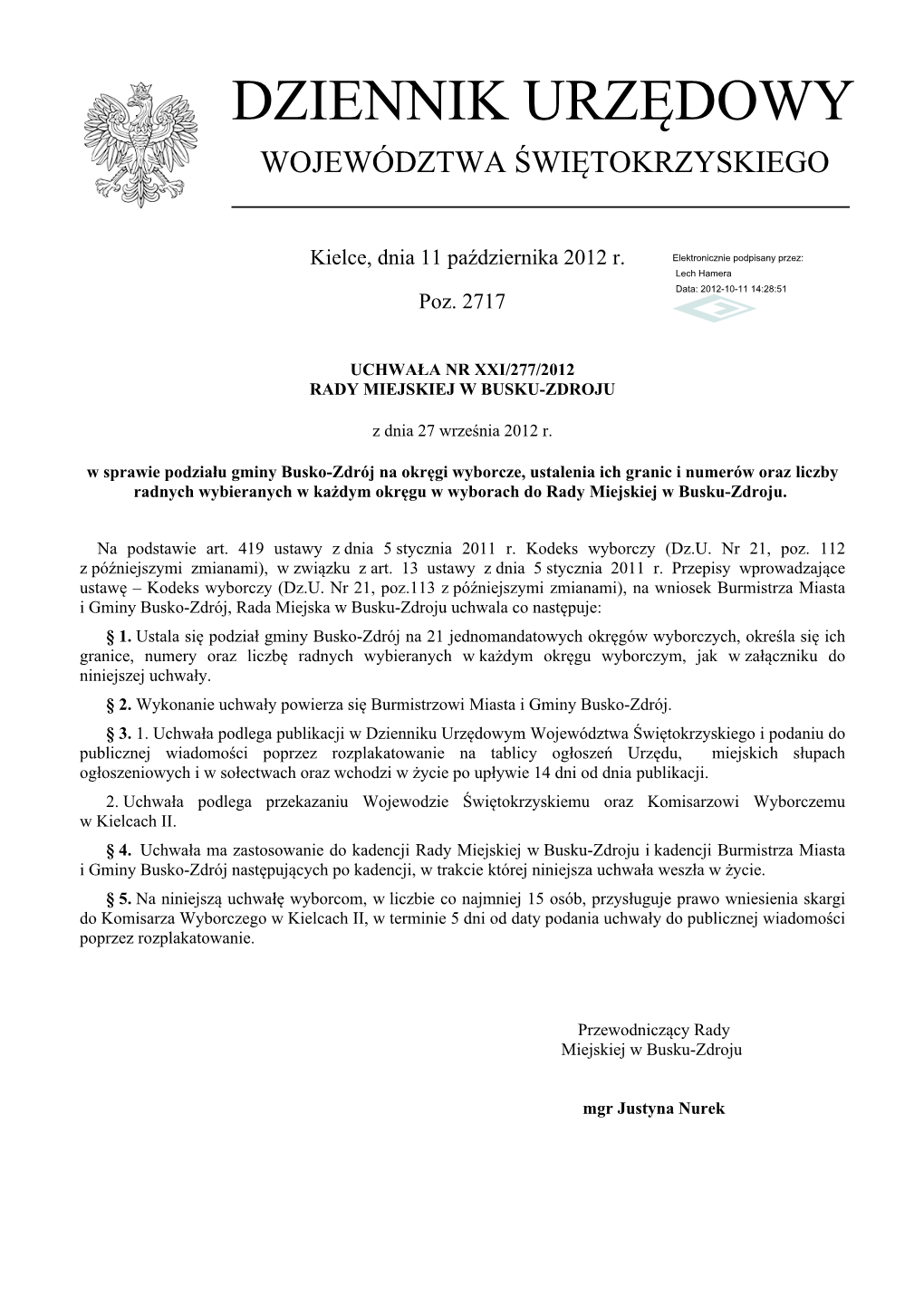 Uchwała Nr XXI/277/2012 Z Dnia 27 Września 2012 R